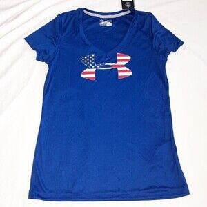 Under Armour USA Heat Gear Ladies Shirt Size M Blue Short Sleeve UPF30 NEW Flag